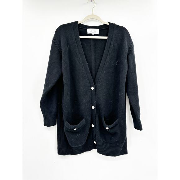 Pearl by Lela Rose Knit Pearl Button Cardigan WOOL CASHMERE Black Size M - Picture 1 of 5